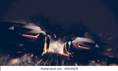 Black Matte Sports Cars Racing In The City - Street Racer Concept (with Grunge Overlay) Generic And Brandless - 3d Illustration