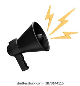 Black Megaphone With Yellow Rays On White Background. Concept Megaphone For Graphic Composition. 3D Illustration, 3D Art.