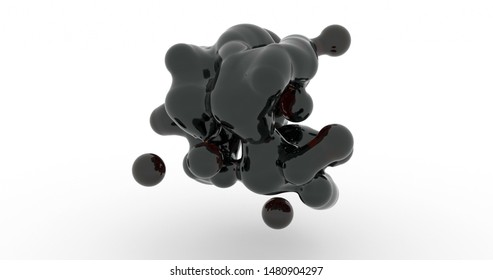 Black Metaball 3d. Deforming Organic Rendering Blob Realistic. Fluid Shape Dissolving Into Small Drops Isolated On White Background. Liquid Molecule Disintegrating 3d Render