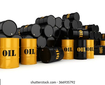 Black metal oil barrels on white background