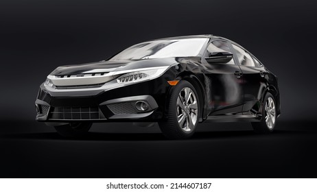 Black Mid-size Urban Family Sedan On A Black Uniform Background. 3d Rendering