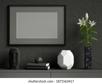 Black Mock Up Poster Frame On Dark Plaster Wall With Lily Flower In Marble Vase, Books, Geometric Pots, Head Sculpture; Landscape Orientation; Stylish Frame Mock Up; 3D Rendering, 3D Illustration	