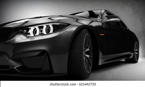 Black modern car headlights close up scene (with grunge overlay), generic brand less - 3d illustration