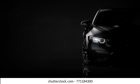Black modern car headlights - front view (with grunge overlay) - 3d illustration