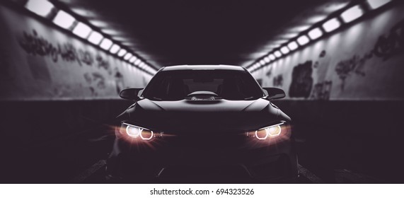 Black modern car headlights with supercharged engine (with grunge overlay) - generic and brandless - 3d illustration