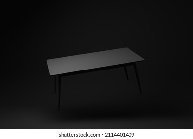 Black Modern Table Or Dining Table Floating On Black Background. Minimal Concept Idea. Monochrome. 3d Render.