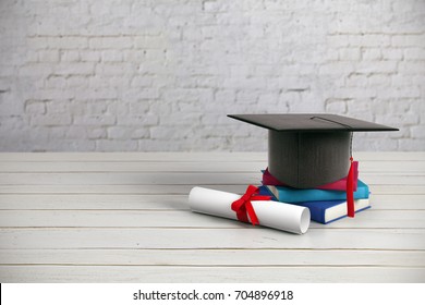 Black mortarboard, books and diploma placed on wooden surface and brick wall background. Education concept. 3D Rendering  - Powered by Shutterstock