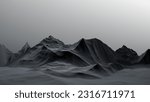 Black mountains in blur.Abstract mountain landscape black and gray,minimalistic gloomy. Black stone relief rocks. 3D render.