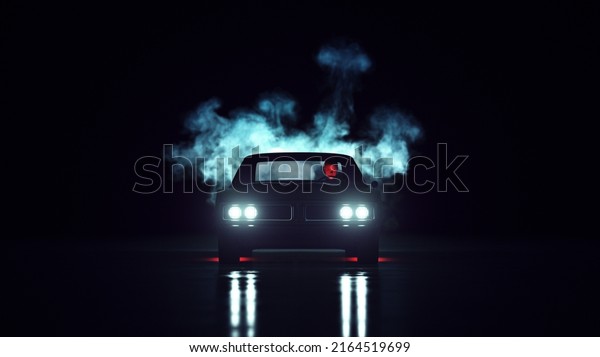Black Muscle\
Car 1960s Vintage 1980s Crime Thriller Style with Smoke and Wet\
Floor Reflections 3d illustration\
render