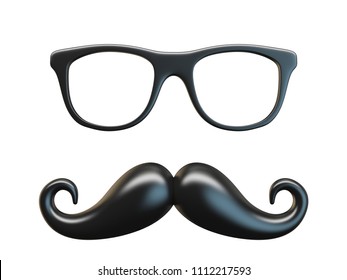 Black mustache and glasses 3D rendering illustration isolated on white background