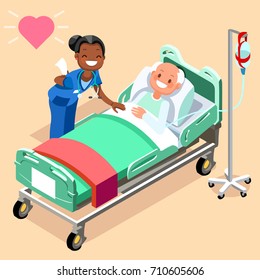 Black Nurse Or Family Doctor At Male Patient Bed 3D Flat People Emotions In Isometric Cartoon Style Medical Icon Illustration.