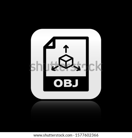 Black OBJ file document. Download obj button icon isolated on black background. OBJ file symbol. Silver square button. 
