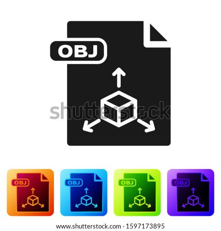 Black OBJ file document. Download obj button icon isolated on white background. OBJ file symbol. Set icons in color square buttons. 
