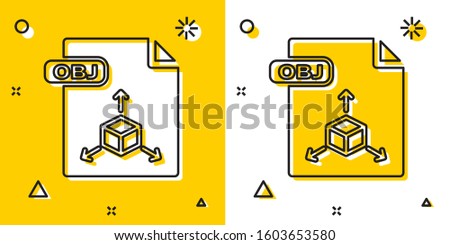 Black OBJ file document. Download obj button icon isolated on yellow and white background. OBJ file symbol. Random dynamic shapes. 