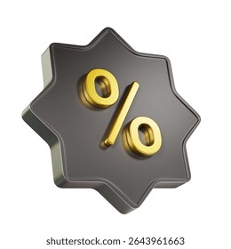 Black Octagram 3d icon with a gold discount percentage sign in the center.