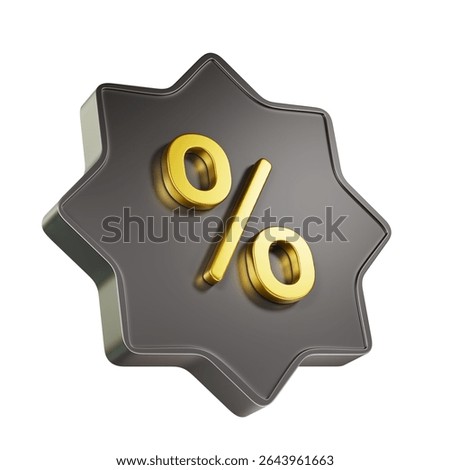 Black Octagram 3d icon with a gold discount percentage sign in the center.