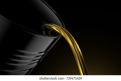 Black Oil Barrel On Dark Background. Pour Golden Oil. 3d Render 