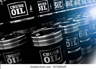 Black Oil Barrels 3D Illustration. Silver Metallic Black Crude Oil Barrels Pile.