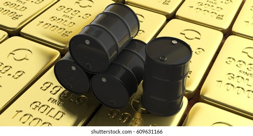 Black Oil Barrels On Gold Bullions Background. 3d Illustration