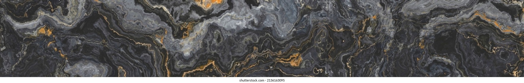 Black Onyx Marble Pattern With Curly Orange Veins. Abstract Texture And Background. 2D Illustration