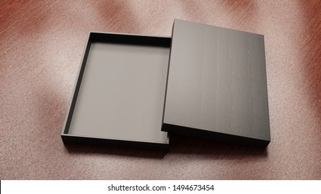 Black Opened Wooden Box. Template For The Package. 3D Rendering.