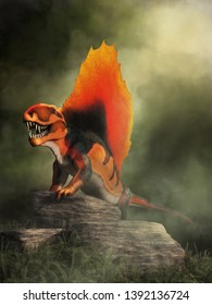 A black and orange dimetrodon, a prehistoric sail-backed creature that predates the dinosaurs, climbs over a pile of boulders and bears its teeth. 3D Rendering.