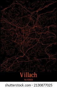 Black and orange halloween map of Villach Austria.This map contains geographic lines for main and secondary roads.