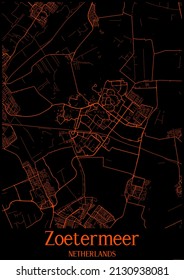 Black and orange halloween map of Zoetermeer Netherlands.This map contains geographic lines for main and secondary roads.