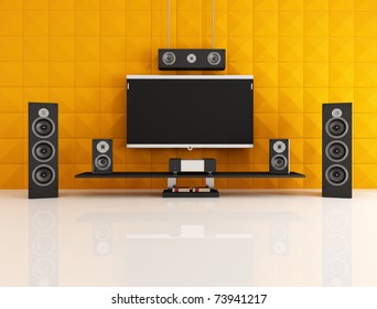 Black And Orange Home Theater With Acoustic Panel - Rendering