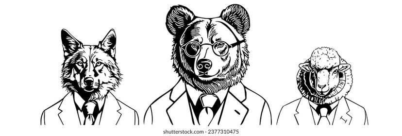 Black outer lines show different animals wearing a business suit. Thereby illustration  symbolize typical characteristics of animals that businessmen can have as well.