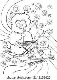 Black outline color book page cute pretty kawaii little llama alpaca smile kid child indoor hobby joy funny leisure activity music sing play note abstract whimsical white background animal painting