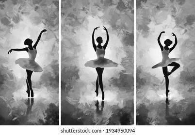 black painting girl ballerina dancing abstract figure. collection of designer oil paintings. Decoration for interior. Contemporary abstract art on canvas. A set of pictures with different texture.