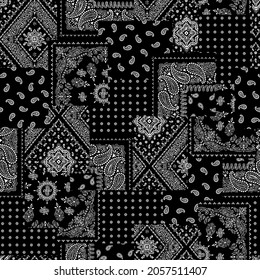 Black Paisley Patchwork Pattern On Background. Seamless Pattern.