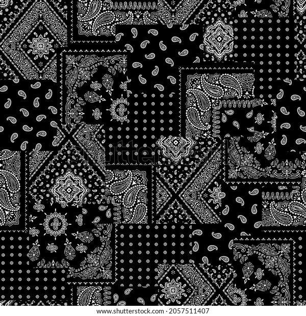 Black paisley patchwork pattern on background. Seamless pattern.