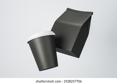 Black Paper Cup To Go And Black Coffee Bag With Copyspace For Your Logo At Light Background. 3D Rendering, Mockup