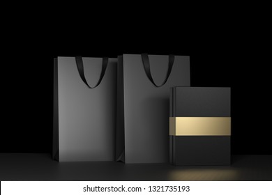 Black Paper Shopping Bag With Handles And Luxury Black Box Mock Up. Premium Black Package For Purchases Mockup On A Black Background. 3d Rendering