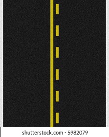 Black Paved Road, Passing Zone Marked With A Solid Yellow And A Dotted Line In The Middle And White Singles On The Sides.