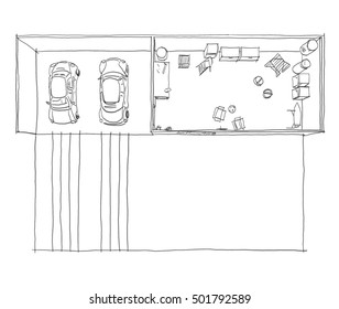 Black Pen Freehand Sketch Drawing Of Garage With Cellar On Paper