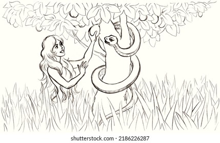 Black pen line hand drawn cartoon art sketch first life sinner love touch take tempt eat ban death food. Old antique story nude body wife love die viper animal plant branch leaf park white sky scene
