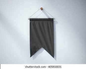 Black Pennant Hanging On A Concrete Wall. 3d Rendering