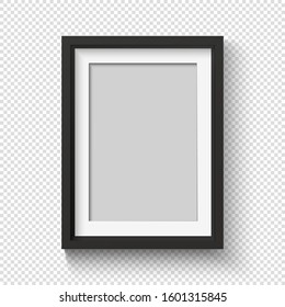 Black Photo Frame On Wall For Picture. Realistic Empty Simple Photoframe. 3D Poster With Shadow For Presentations