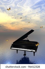 Black piano upon the ocean and surrounded with lots of beautiful butterflies