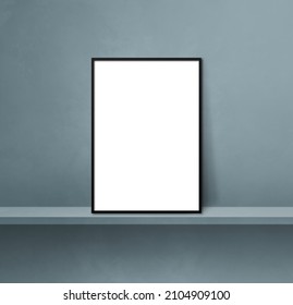 Black Picture Frame Leaning On A Grey Shelf. 3d Illustration. Blank Mockup Template. Square Background