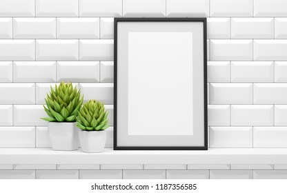 Black Picture Frame Mock Up And Green Potted Plants On White Shelf. 3d Illustration