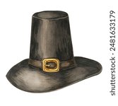 Black Piligrim hat with gold buckle. Watercolor illustration of traditional Puritan headwear. Festive Thanksgiving symbol clipart for decorations, invitations, postcards, posters, sticker