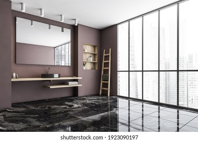 Black And Pink Bathroom With One Sink, Mirror With Window, Side View, Black Tiled Marble Floor. Black Stylish Washbasin With Shelf, Window With City View On Skyscrapers, 3D Rendering No People