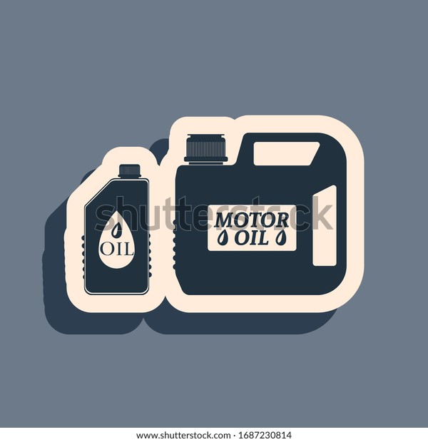 Black Plastic canister for motor
machine oil icon isolated on grey background. Oil gallon. Oil
change service and repair. Engine oil sign. Long shadow
style