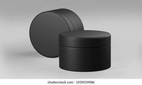 Black Plastic Cosmetic Jar Mockup, Dark Beauty Make-up Container 3D Rendering Isolated On Light Background