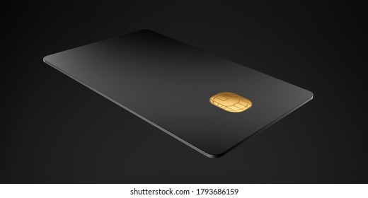 Black Plastic Credit Card Mockup, Dark Black Background,3D Illustration