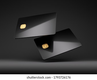 Black plastic credit card mockup, dark black background,3D Illustration